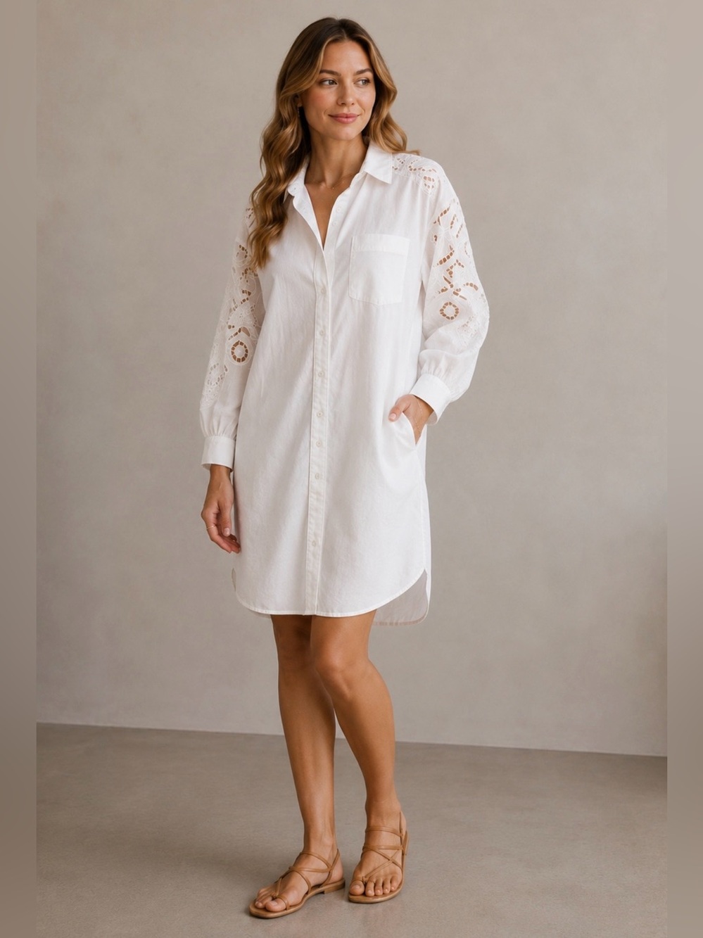 Sundance Women's Boho White Sonda Lace Shirt Dress‎ Size M Long Sleeve